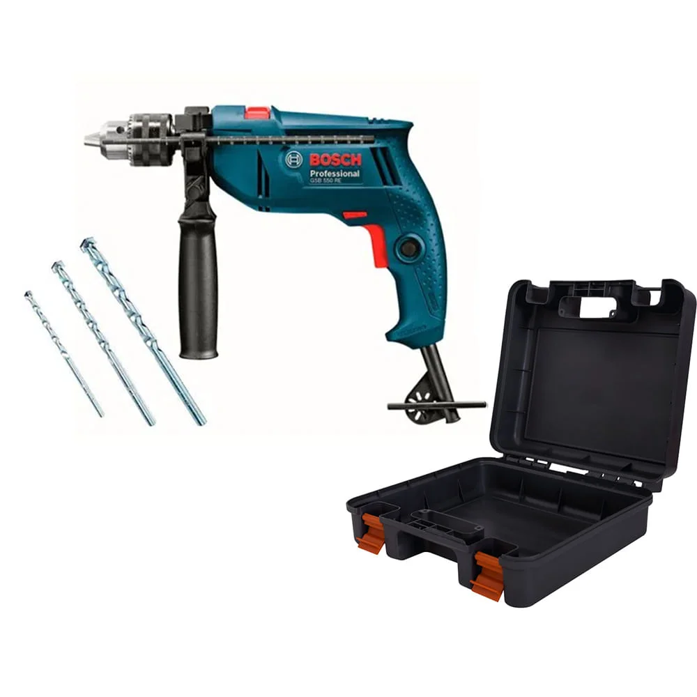 Kit Furadeira de Impacto 13mm GSB 550 RE e 3 Brocas Bosch e Maleta