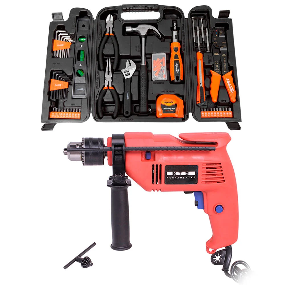 Kit Furadeira de Impacto 500W BTX Belfix e Ferramentas para Montagem 129 Peç