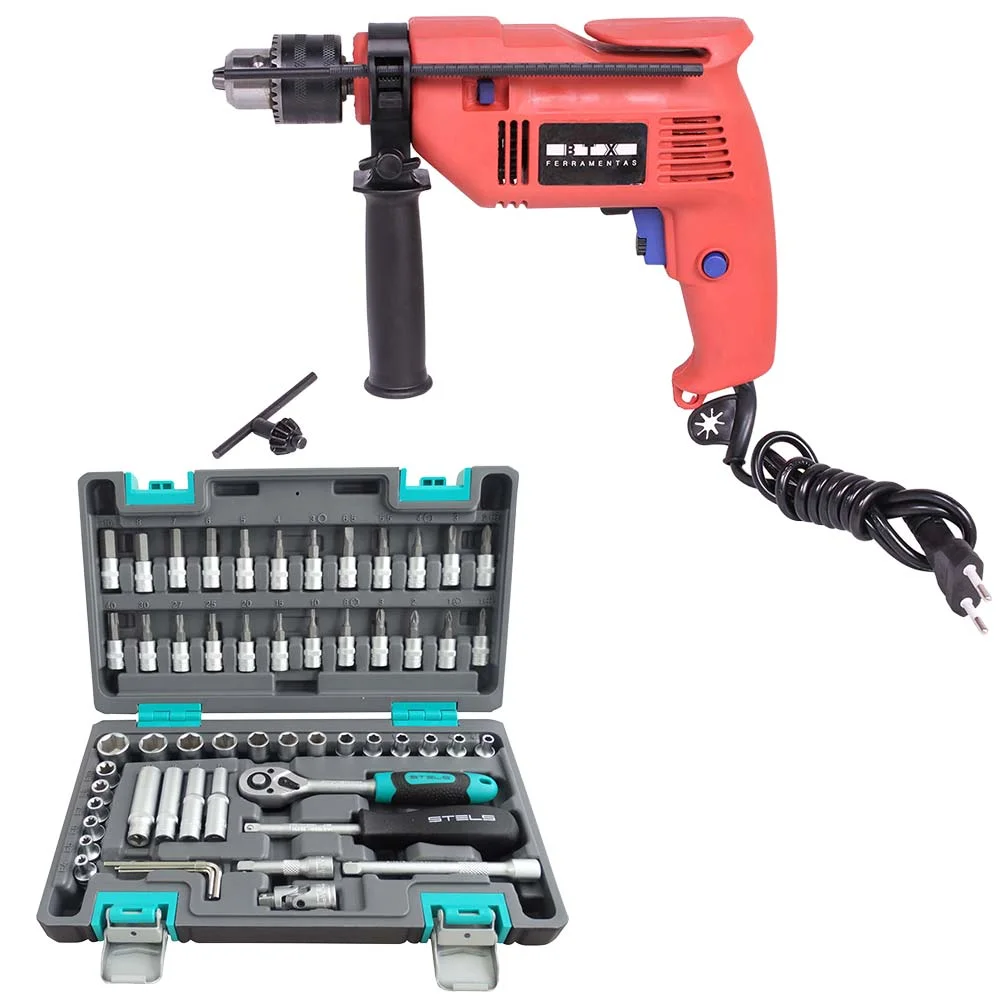 Kit Furadeira de Impacto 500W BTX Belfix e Kit de Ferramentas 57 Peç