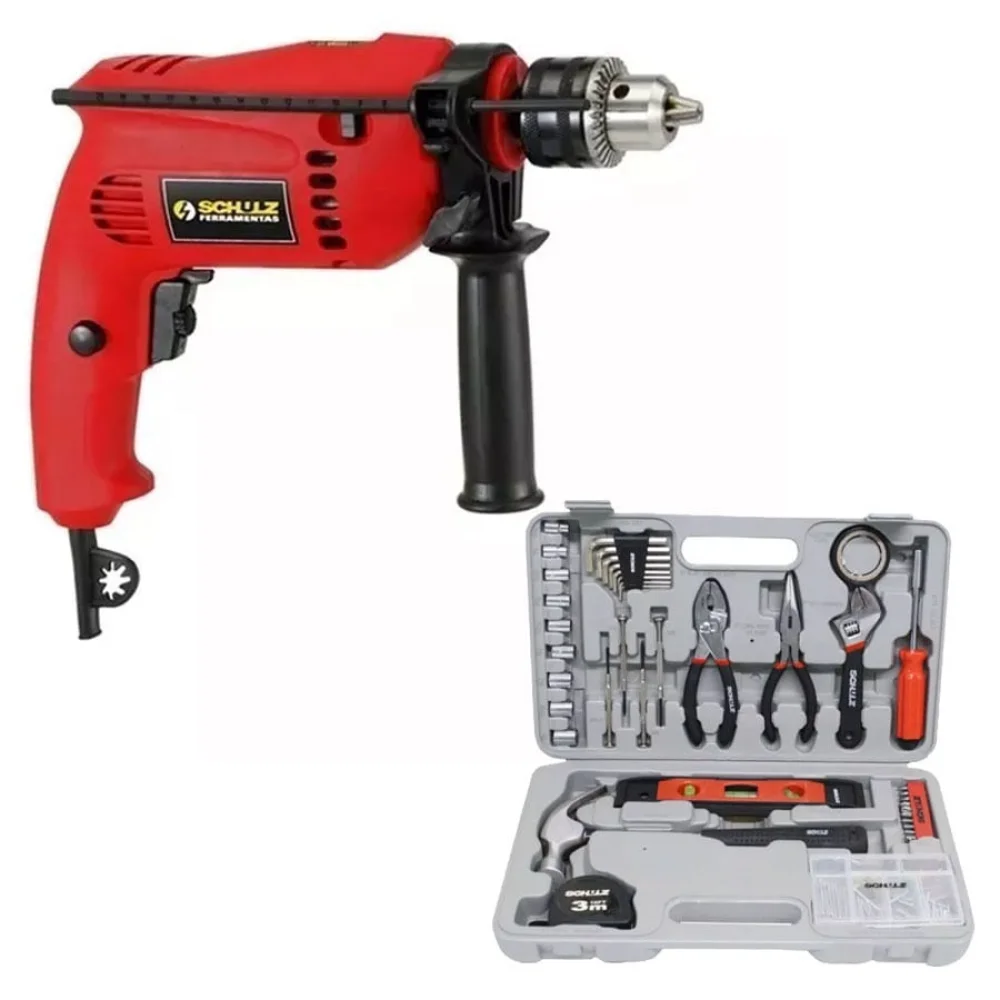Kit Furadeira de Impacto 500W FI500P Schulz e Kit de Ferramentas Hobby 100Pçs