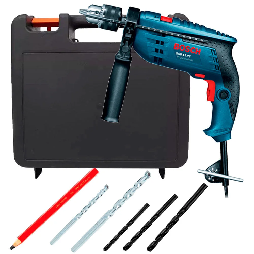 Kit Furadeira de Impacto 650W Bosch e Brocas e Lápis para Carpinteiro e Maleta