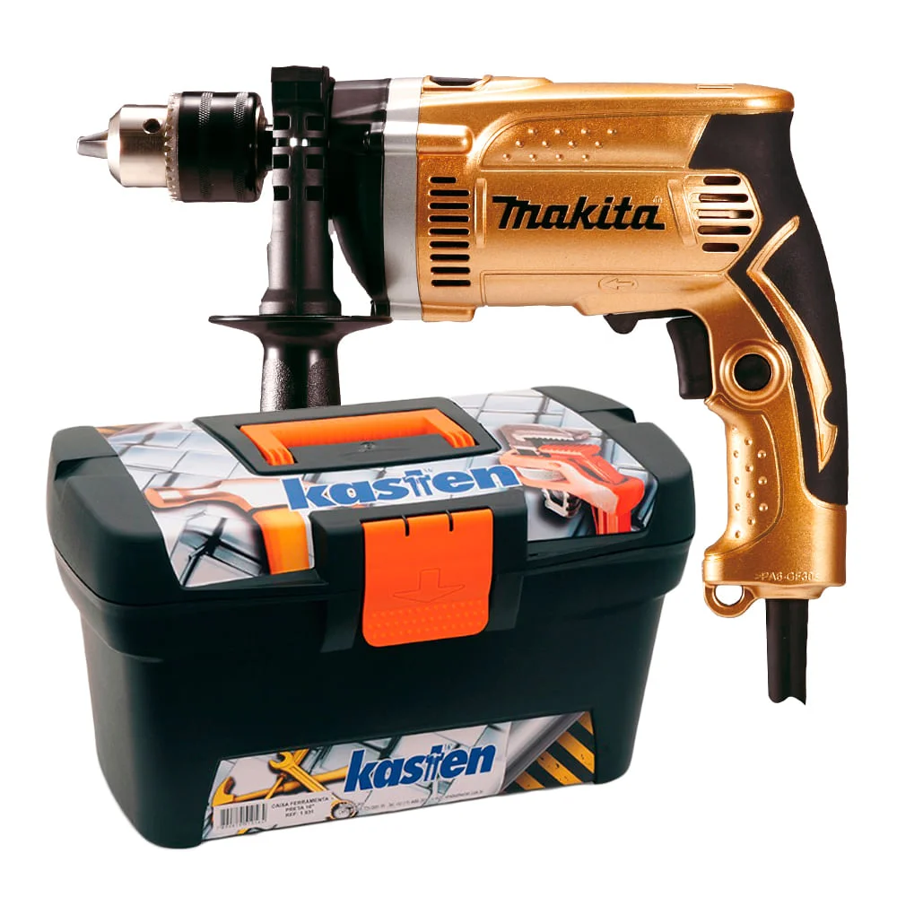 Kit Furadeira de Impacto HP1630SP1A Makita e Caixa de Ferramentas 16 Pol
