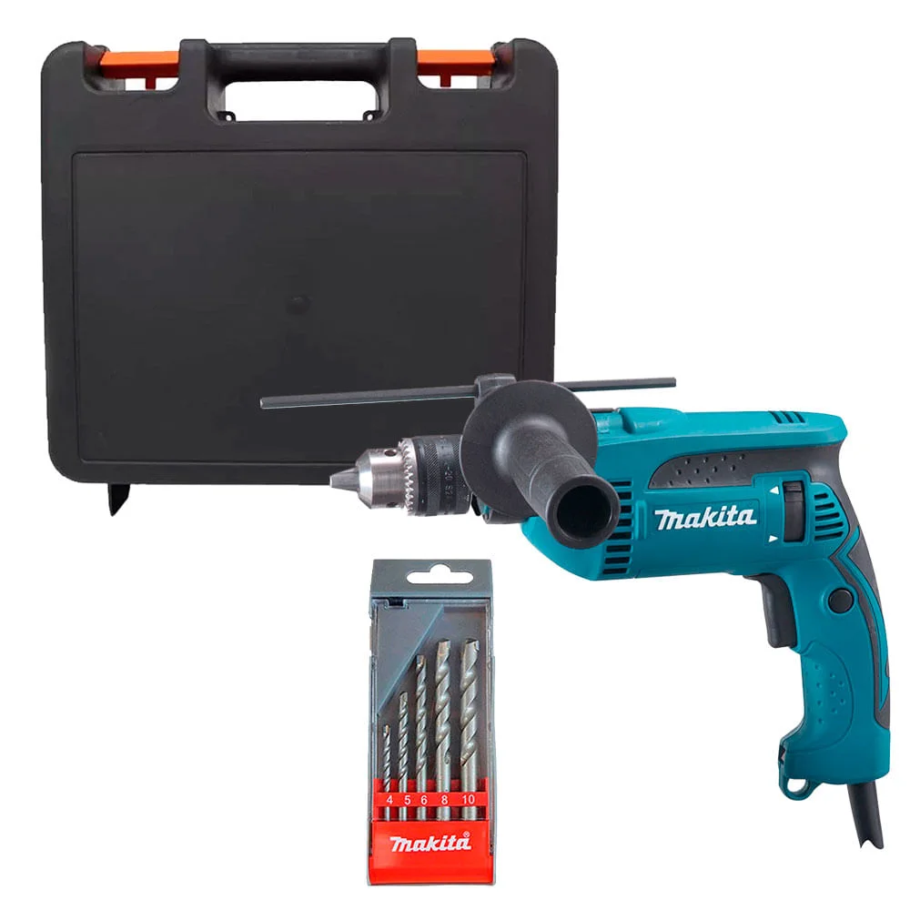 Kit Furadeira de Impacto HP1640 Makita e Maleta e Kit de Brocas para Concreto