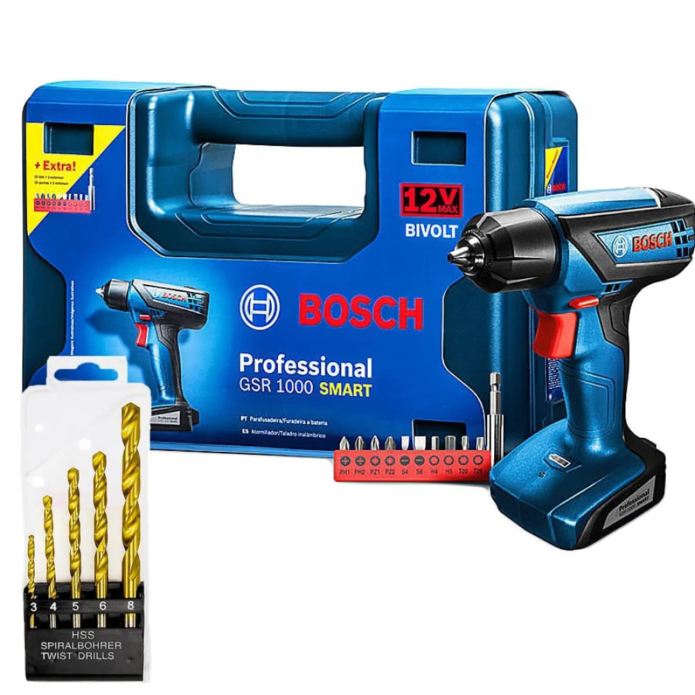 Kit Furadeira e Parafusadeira GSR 1000 Smart Bosch e Jogo de Brocas para Metal