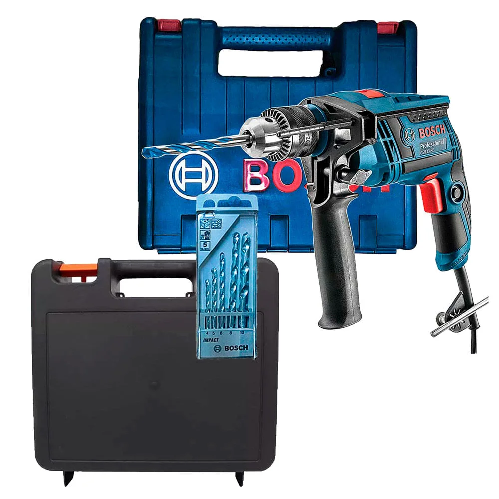 Kit Furadeira Impacto 650W GSB 13 RE Bosch e Brocas e Maleta para Ferramentas
