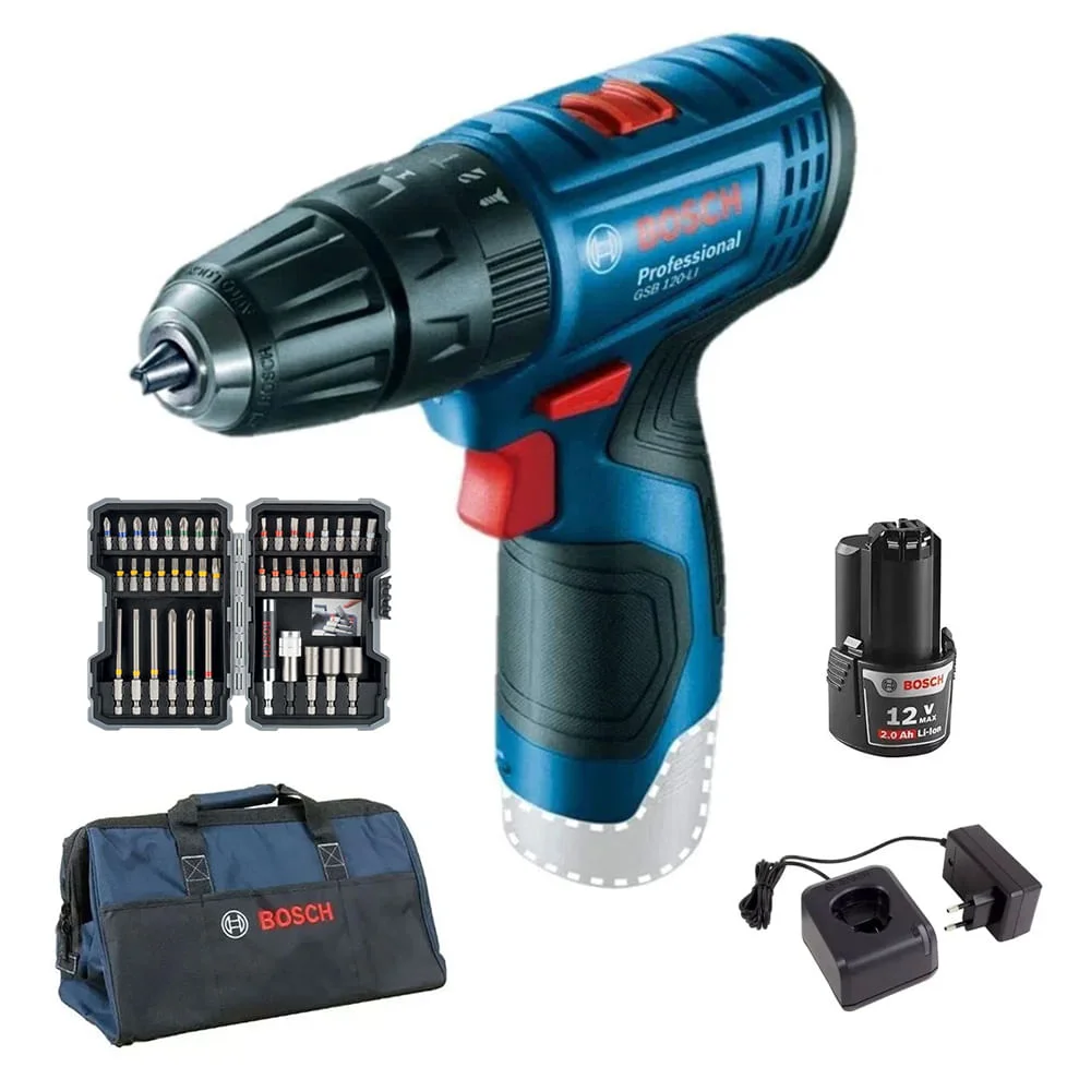 Kit Furadeira Parafusadeira GSR 120-LI Bateria e Carregador e Jogo 43Pçs e Bolsa