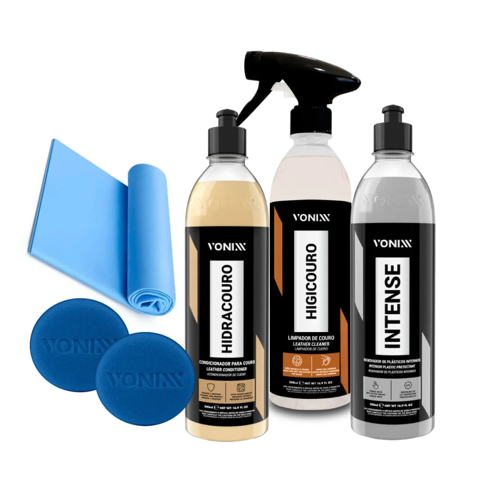 Kit Hidratante e Limpador de Couro Revitalizador de Plásticos Aplicador e Toalha