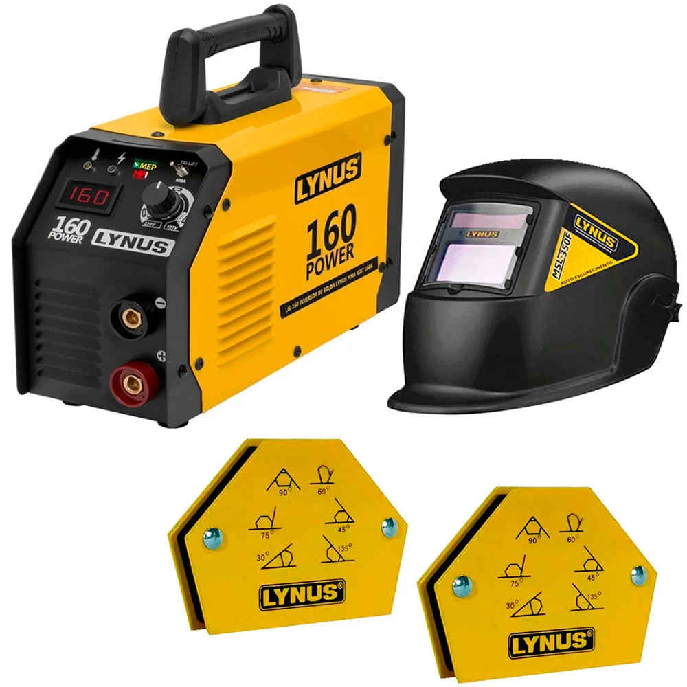 Kit Inversor de Solda MMA160A Lynus e Máscara MSL-350F e 2 Esquadros Angular12Kg Bivolt
