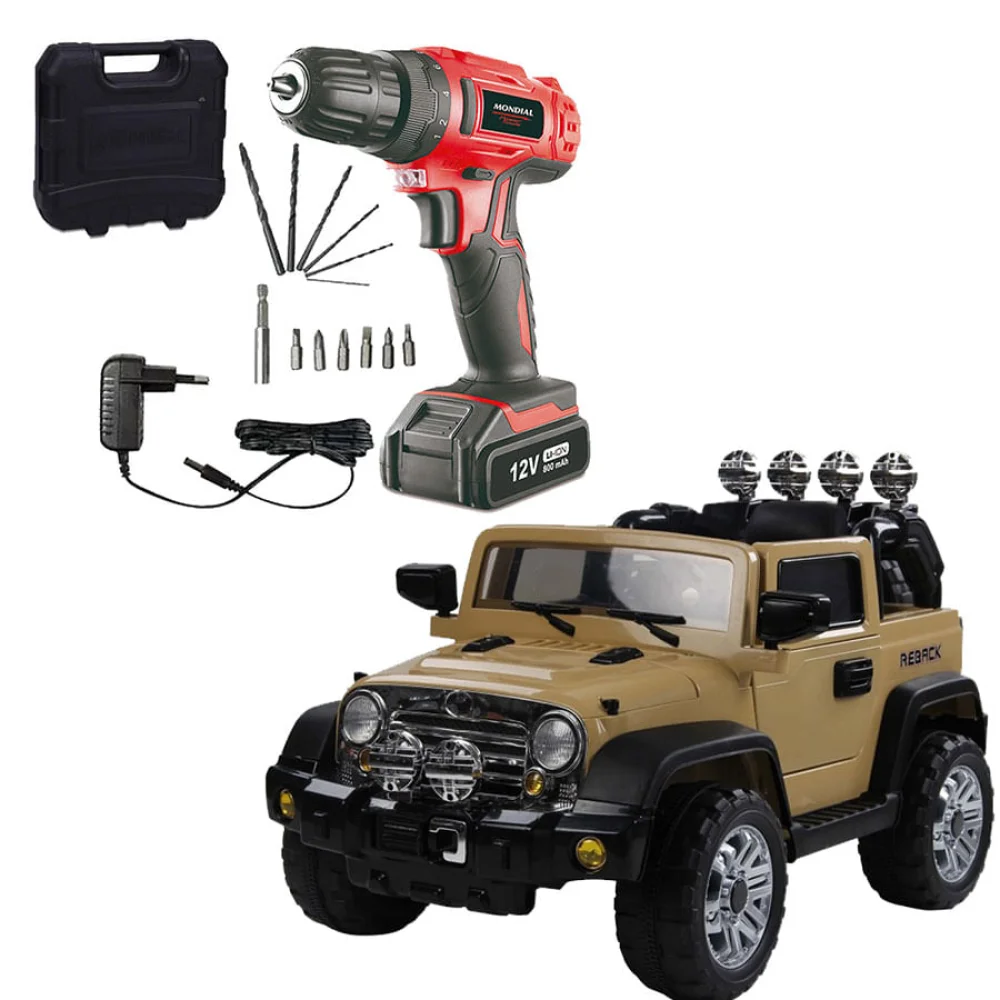 Kit Jipe Elétrico Rali com controle remoto - Caqui - 927300 - Bel Brink + Parafusadeira e Furadeira