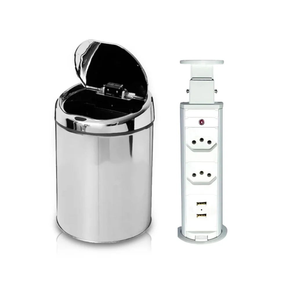 Kit Lixeira Automática com Sensor 3 Litros NKF e Torre de 2 Tomadas e 2 USB Bivolt