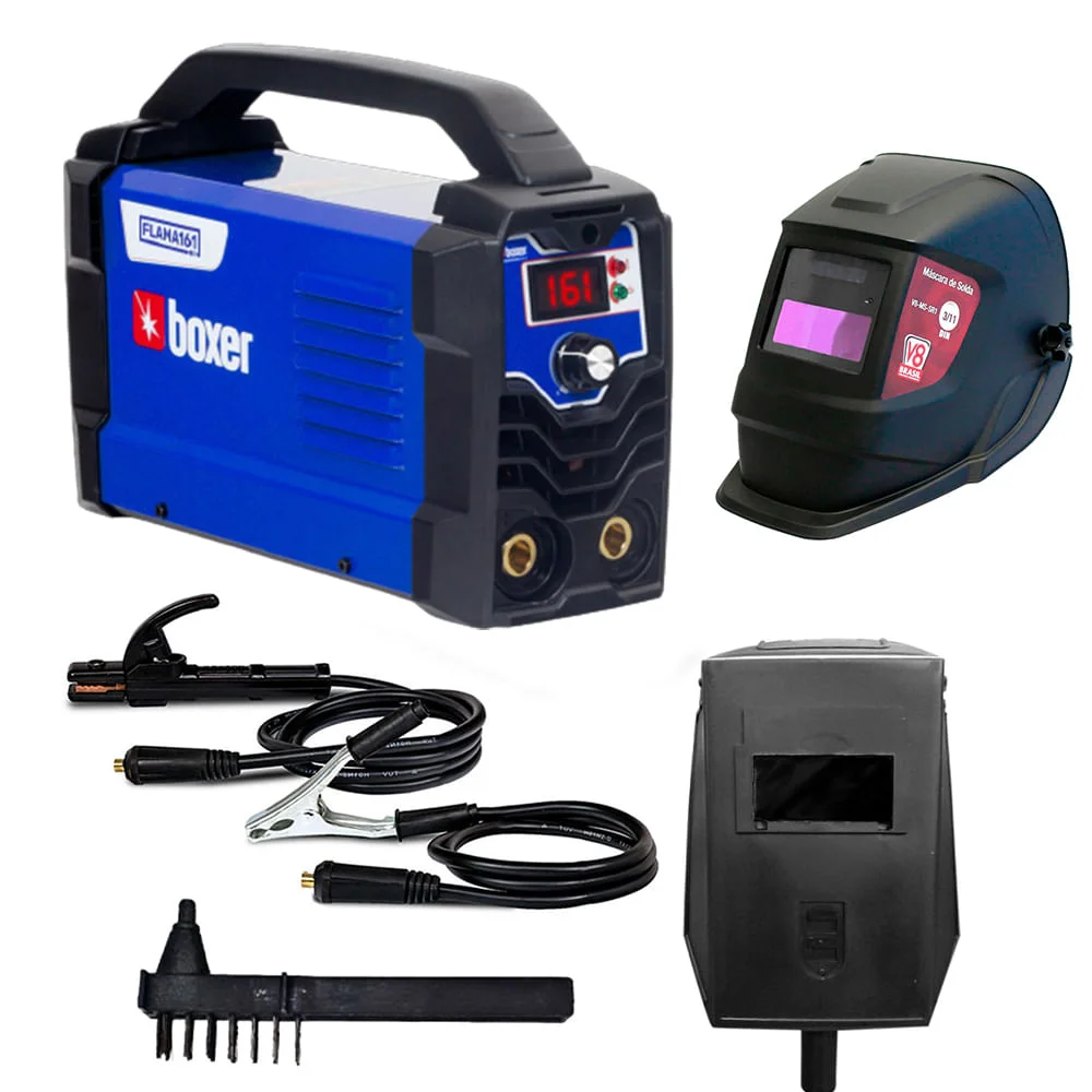 Kit Máquina de Solda Inversora Flama 161 Boxer e Máscara Solda Automática SR1-V8