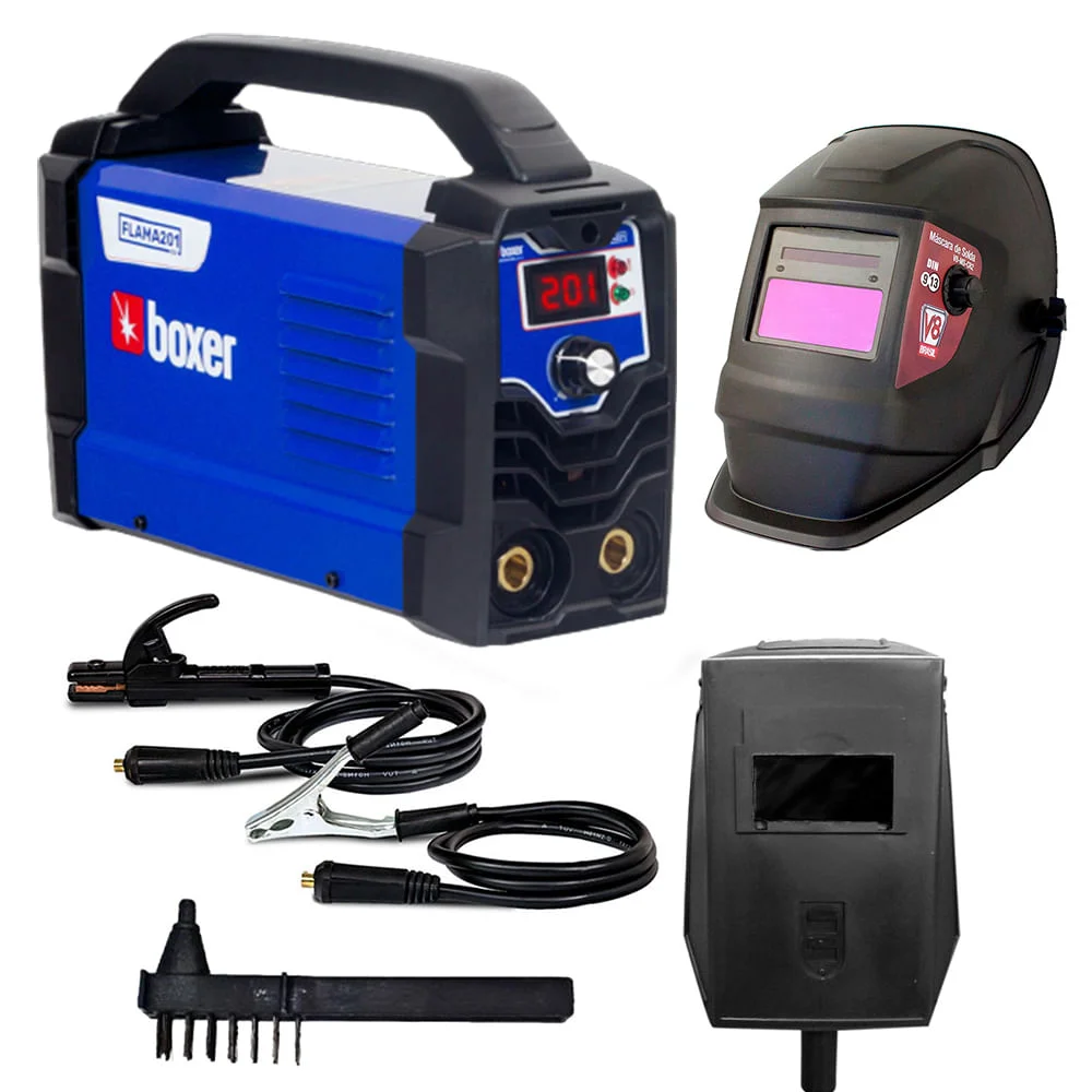 Kit Máquina de Solda Inversora Flama 201 Boxer e Máscara Solda Automática CR2 V8