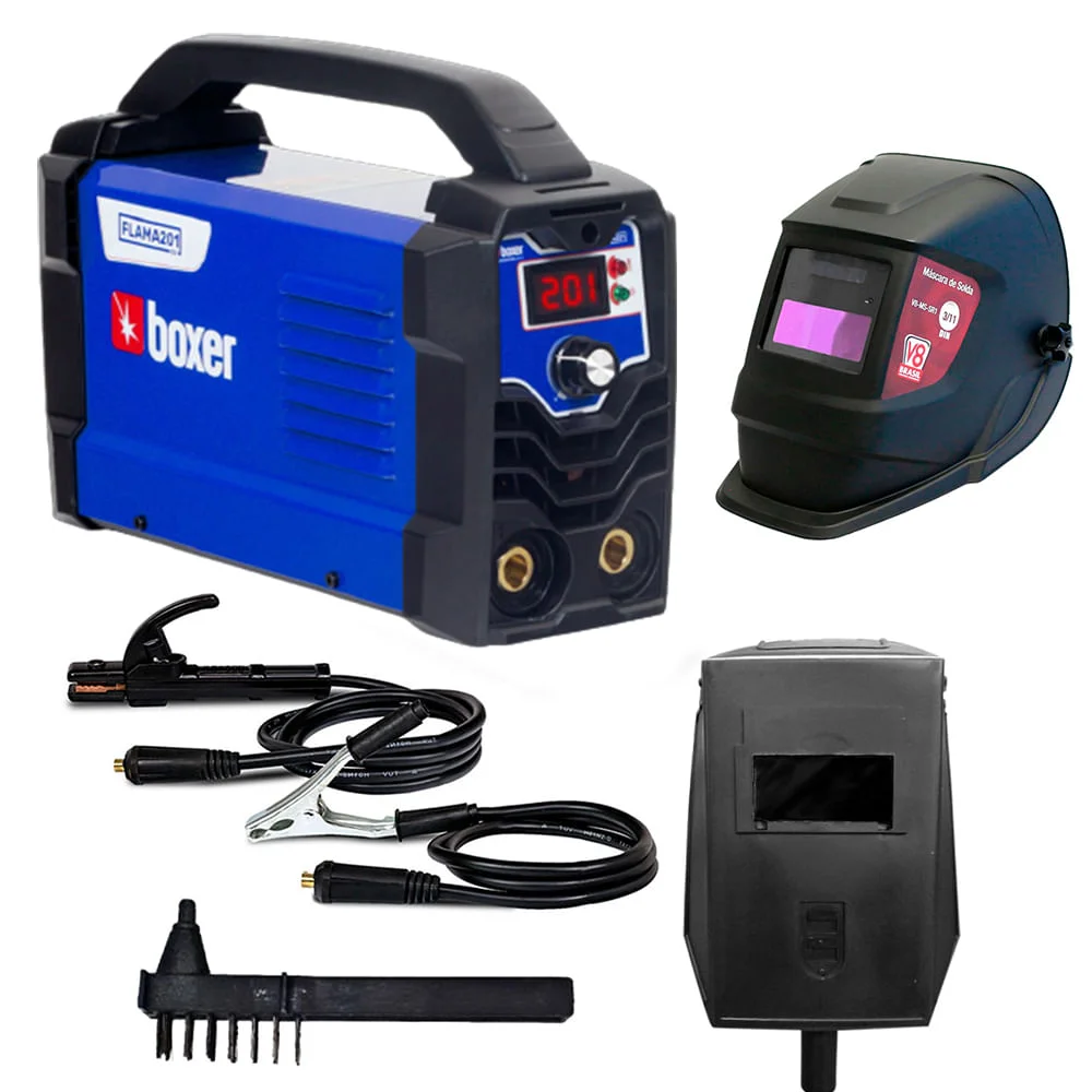 Kit Máquina de Solda Inversora Flama 201 Boxer e Máscara Solda Automática SR1 V8