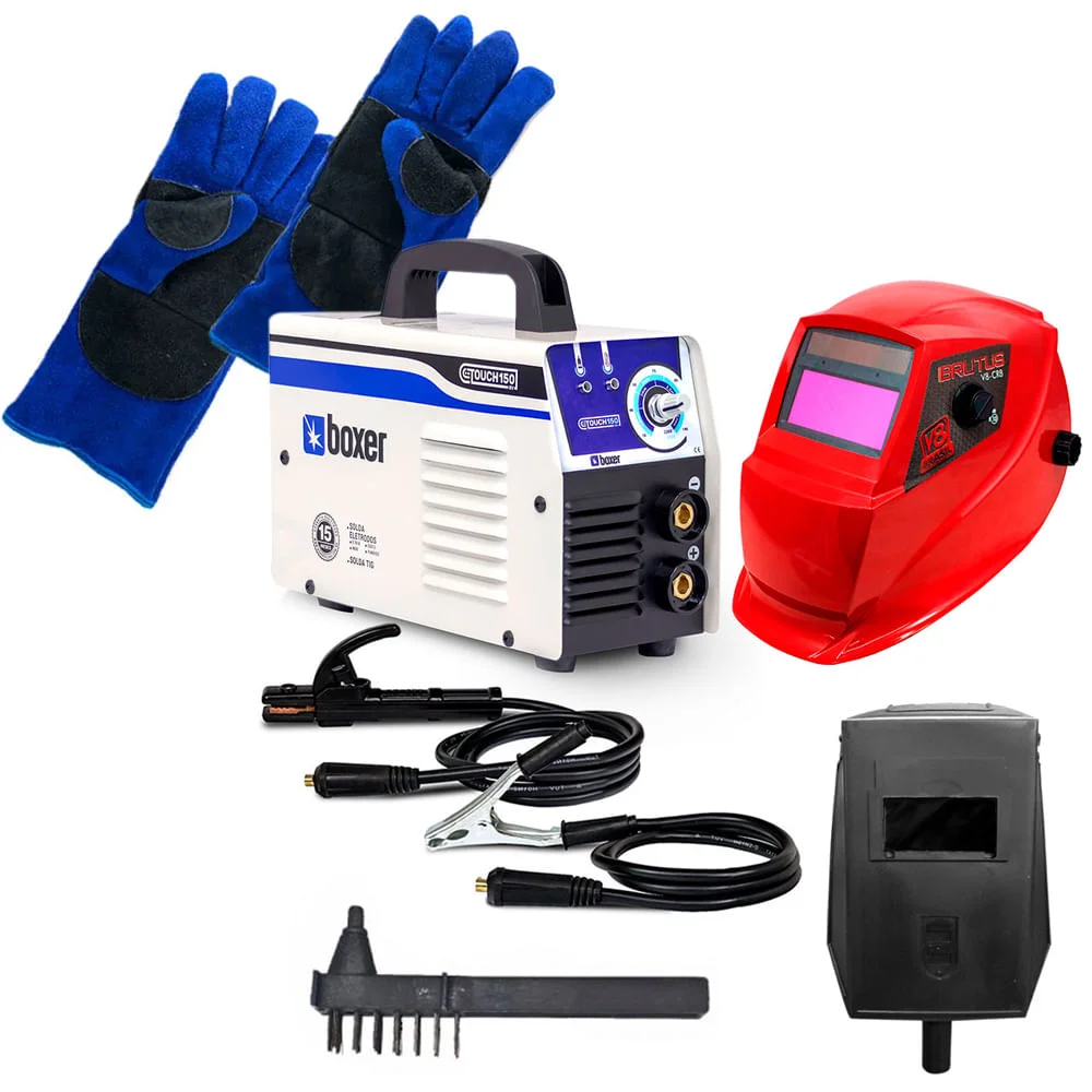 Kit Máquina de Solda Inversora Touch 150 Boxer e Máscara de Solda Brutus CR8 V8
