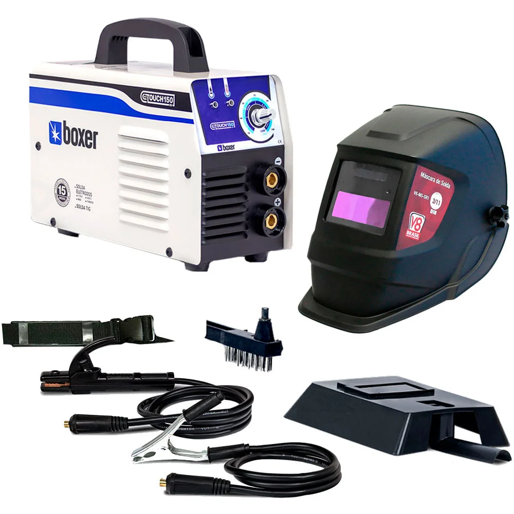 Kit Máquina de Solda Inversora Touch 150 Boxer e Máscara Solda Automática SR1 V8