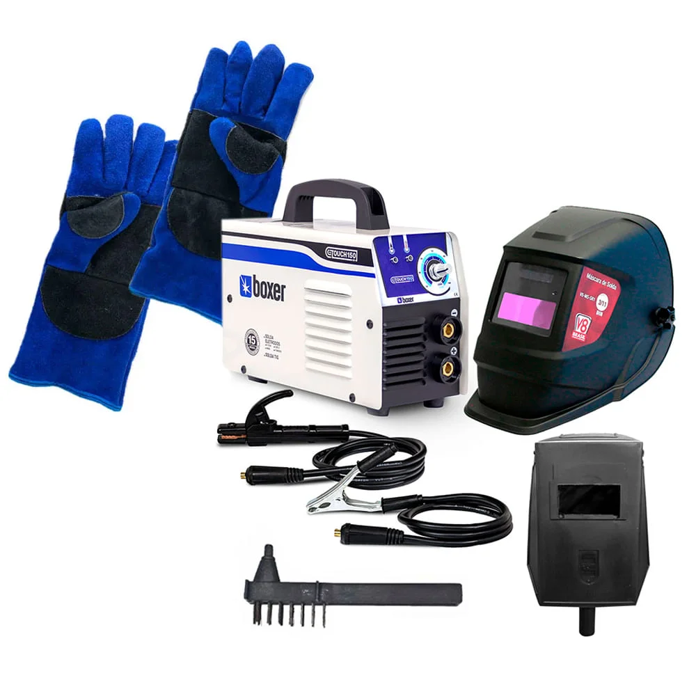 Kit Máquina de Solda Inversora Touch 150 Boxer e Máscara Solda Automática SR1 V8
