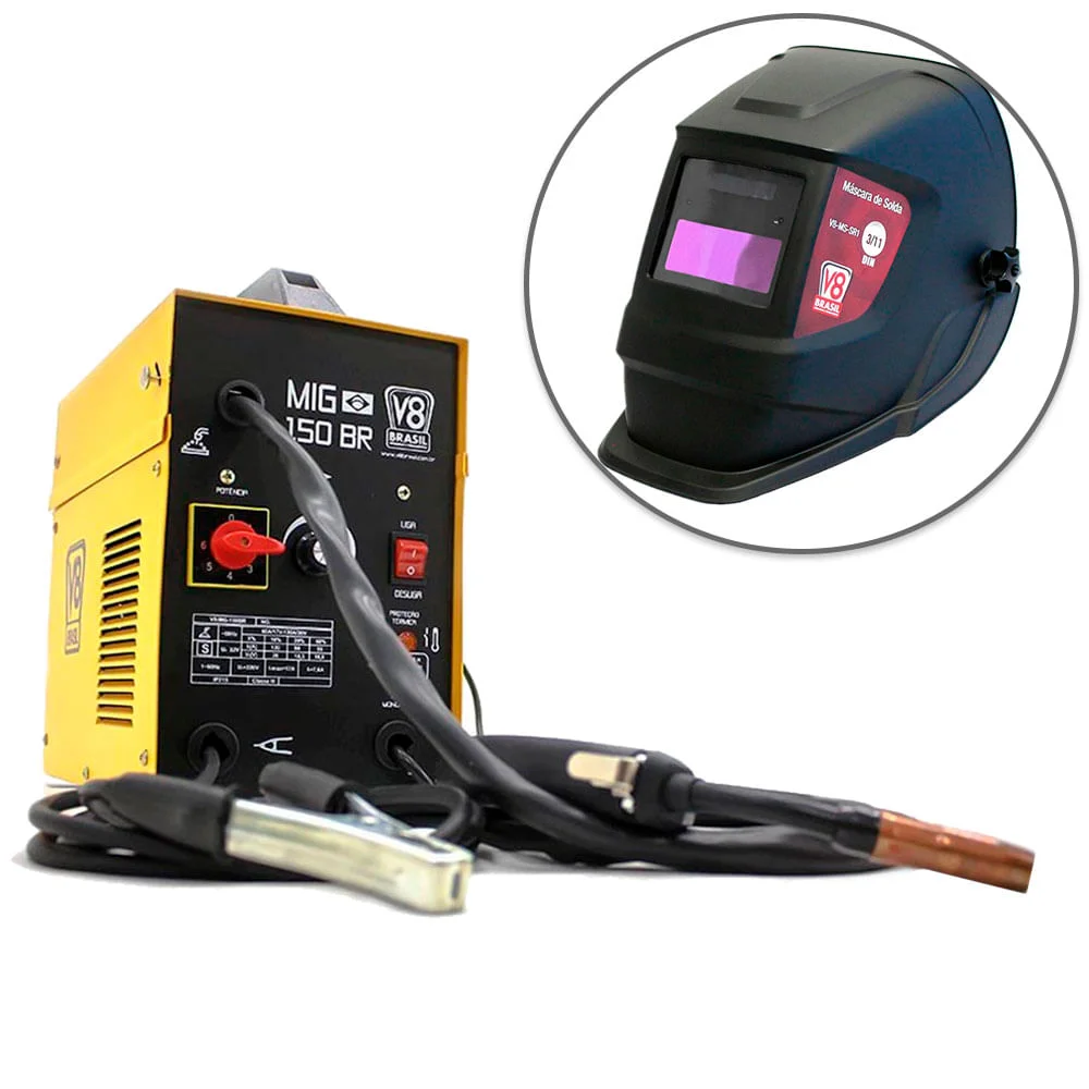 Kit Máquina de Solda MIG 150 BR V8 Brasil e Máscara Automática SR1 220 Volts