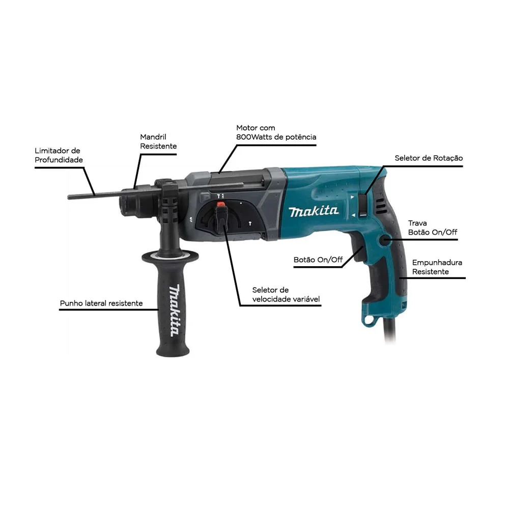 Kit Martelete Combinado 24mm 800W HR2470 Makita e 2 Brocas 6mm e 2 Brocas 10mm