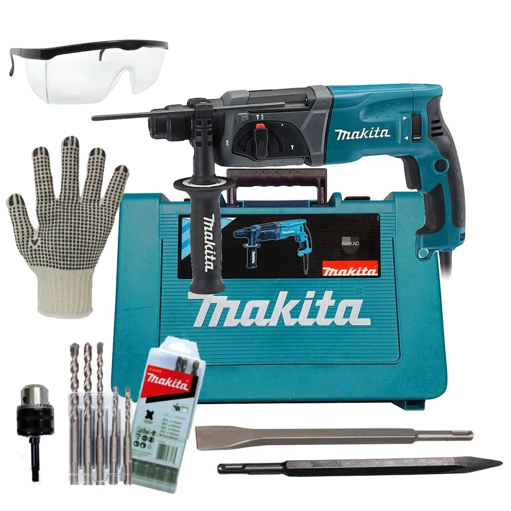 kit Martelete Combinado HR2470 Makita e 5Brocas e Ponteira e Talhadeira Mandril