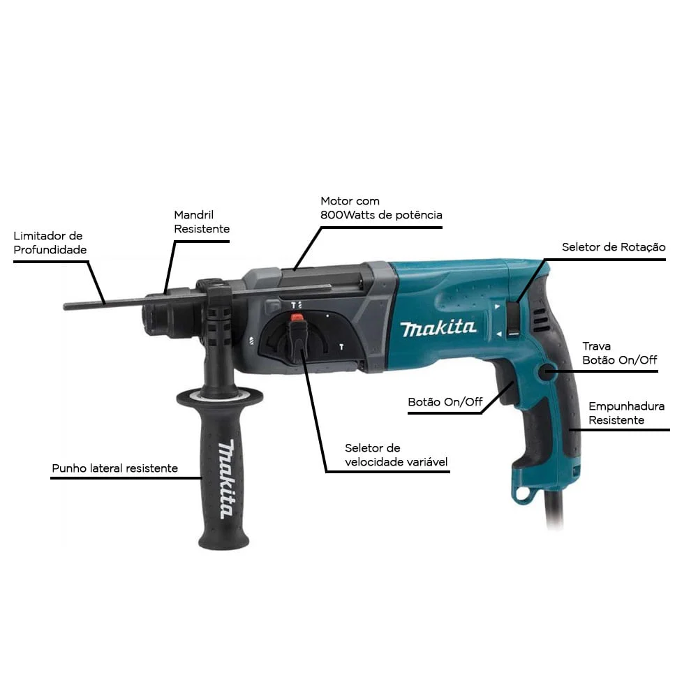 Kit Martelete Combinado HR2470 Makita e Ponteira e Talhadeira e Conj de Brocas