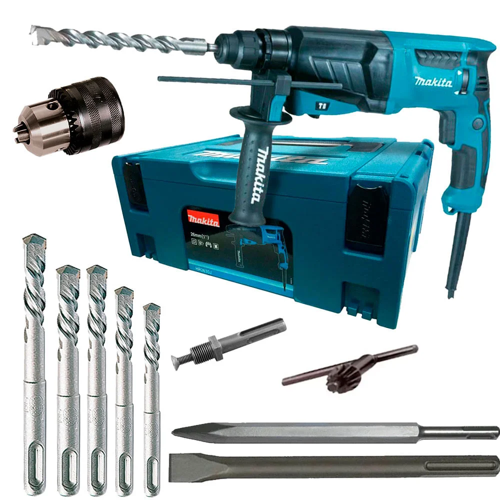 Kit Martelete HR2630J Makita e Ponteira e Talhadeira e Brocas e Acessórios