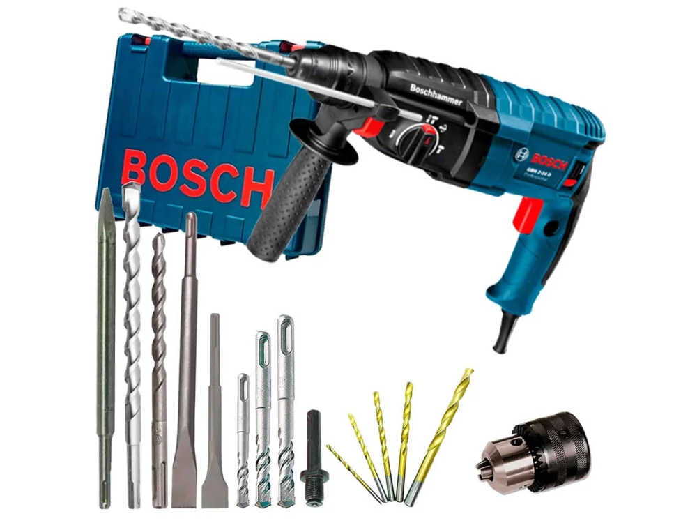 Kit Martelete Rotativo 820W Bosch e Mandril e Brocas e Talhadeiras e Ponteira