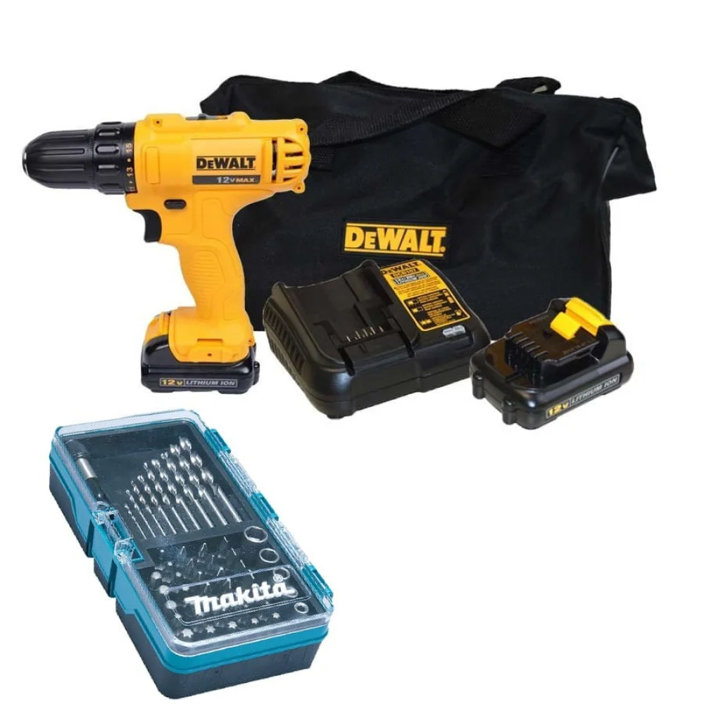 Kit Parafusadeira e Furadeira 12V Max DCD700C2 DeWalt e Conjunto de Bits e Brocas