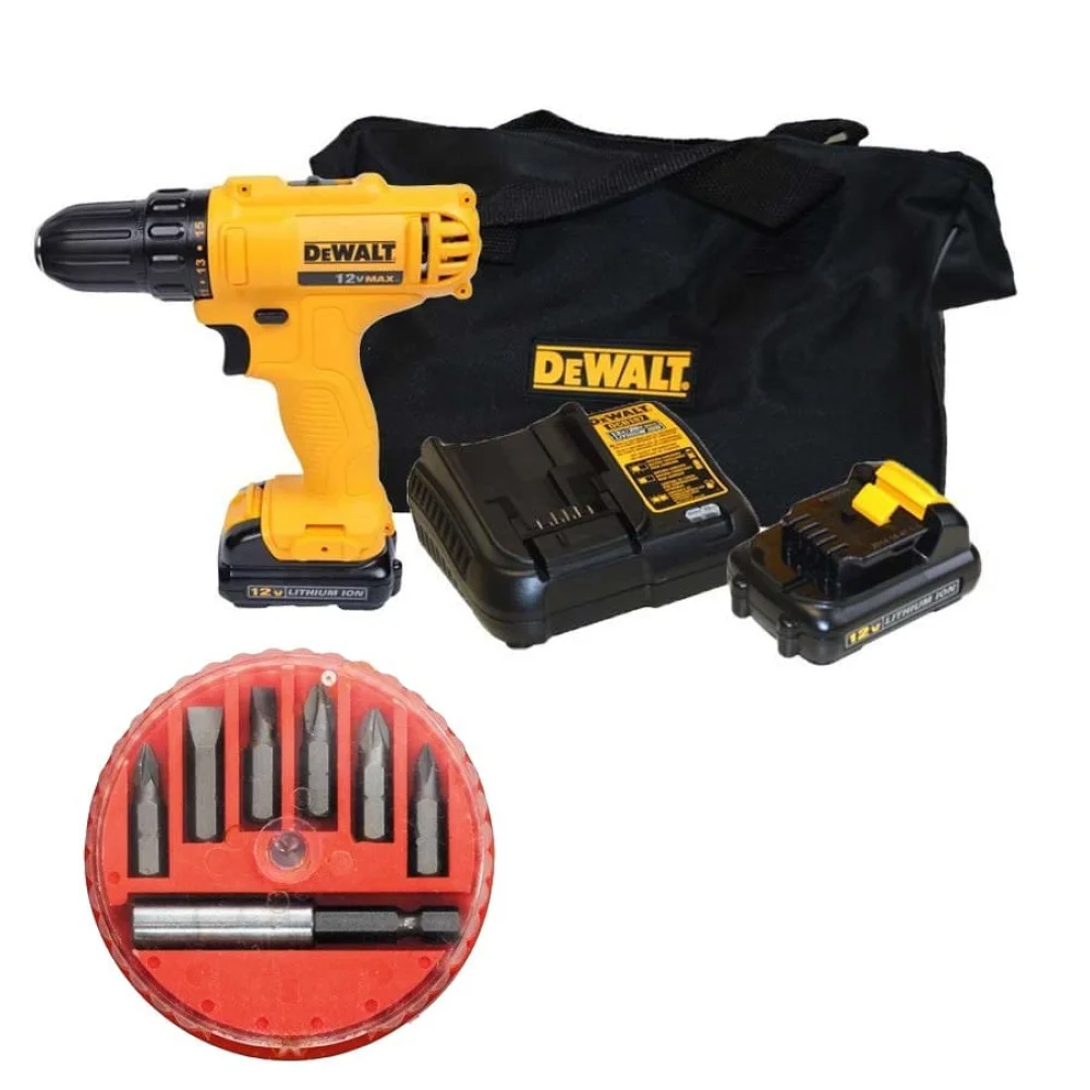 Kit Parafusadeira e Furadeira 12V Max DCD700C2 DeWalt e Jogo de Bits e Adaptador
