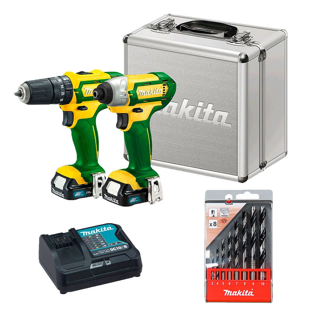 Kit Parafusadeira e Furadeira de Impacto CLX202BR Makita e 8 Brocas para Madeira