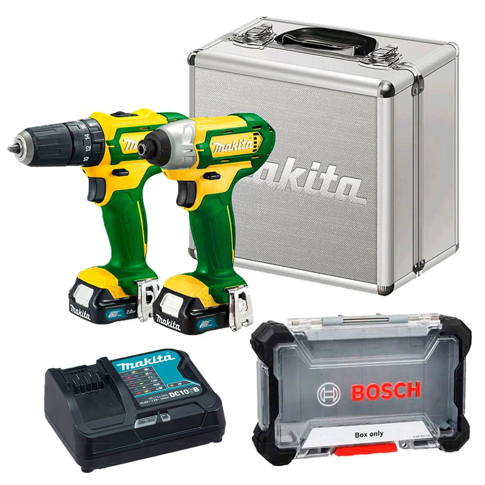 Kit Parafusadeira e Furadeira de Impacto CLX202BR Makita e Caixa para Bits