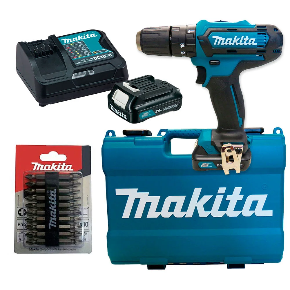 Kit Parafusadeira e Furadeira de Impacto HP331DSAE Makita e 10 Bits Phillips PH2