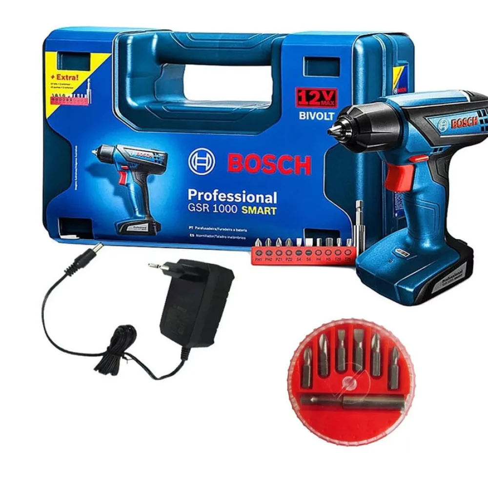 Kit Parafusadeira e Furadeira GSR 1000 Smart Bosch e Jogo de Bits e Adaptador
