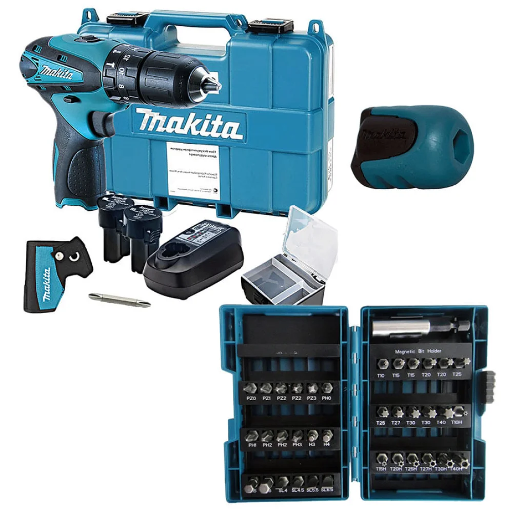 Kit Parafusadeira e Furadeira HP330DWE Makita e Conjunto de Bits e Adaptador