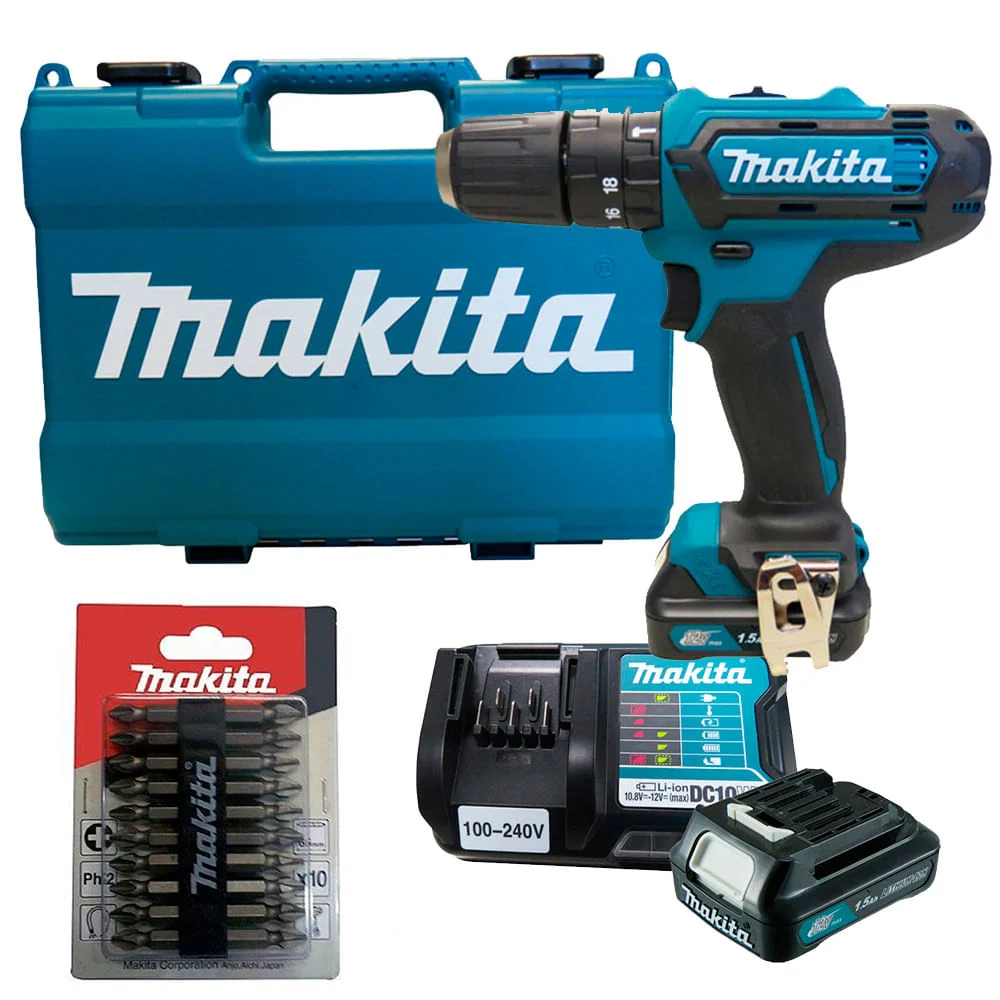 Kit Parafusadeira e Furadeira Impacto 12V HP331DWYE Makita e Conjunto Bits