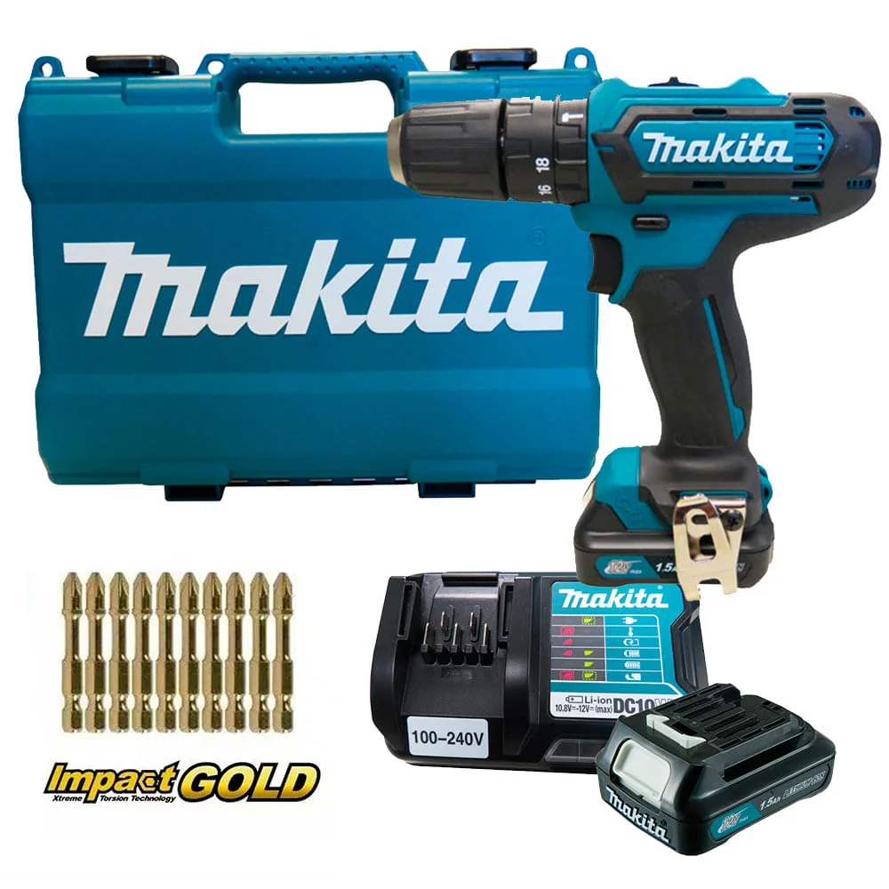 Kit Parafusadeira e Furadeira Impacto HP331DWYE Makita e Bits Phillips 25mm