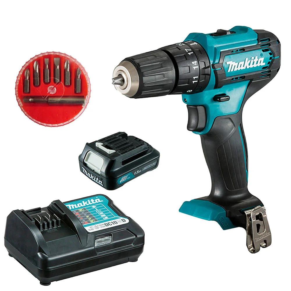 Kit Parafusadeira Furadeira à Bateria 12V HP333DWYX3 Makita e 7 Bits e Adaptador