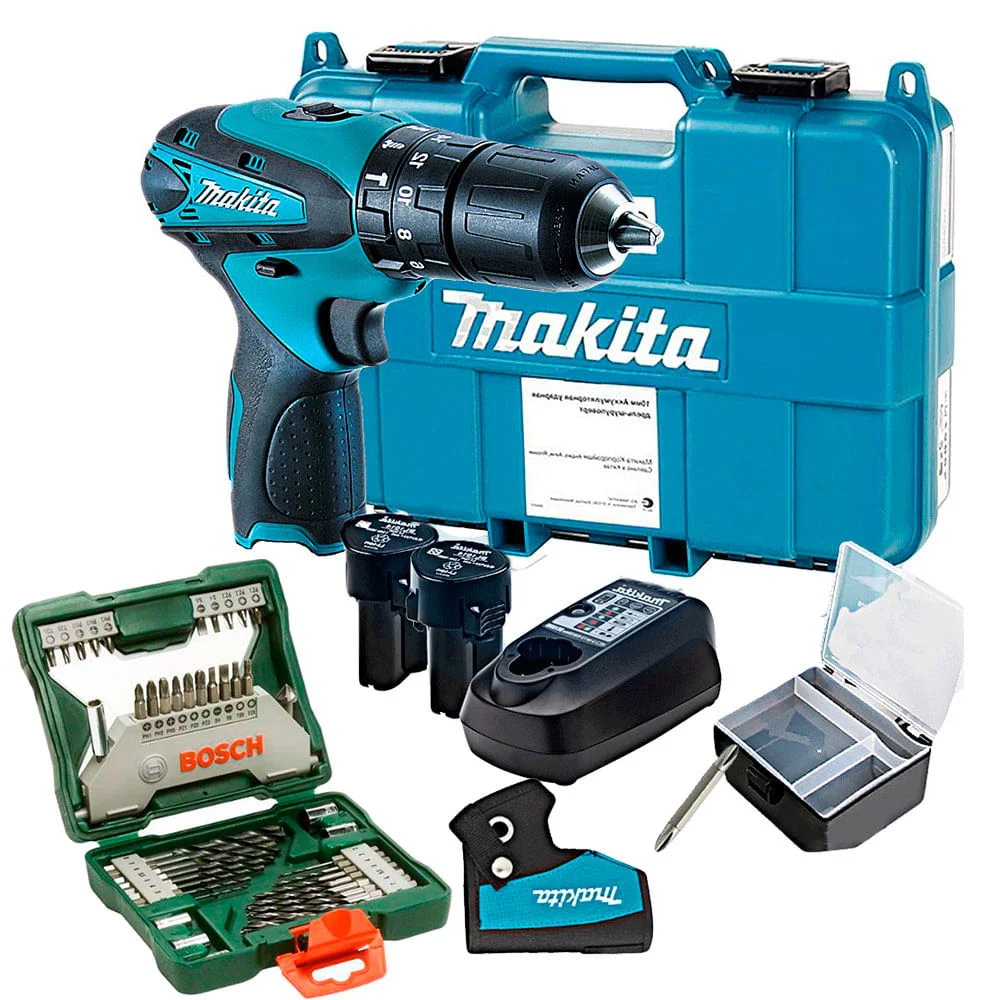 Kit Parafusadeira Furadeira à Bateria HP330DWE Makita e Kit Ferramentas X-Line