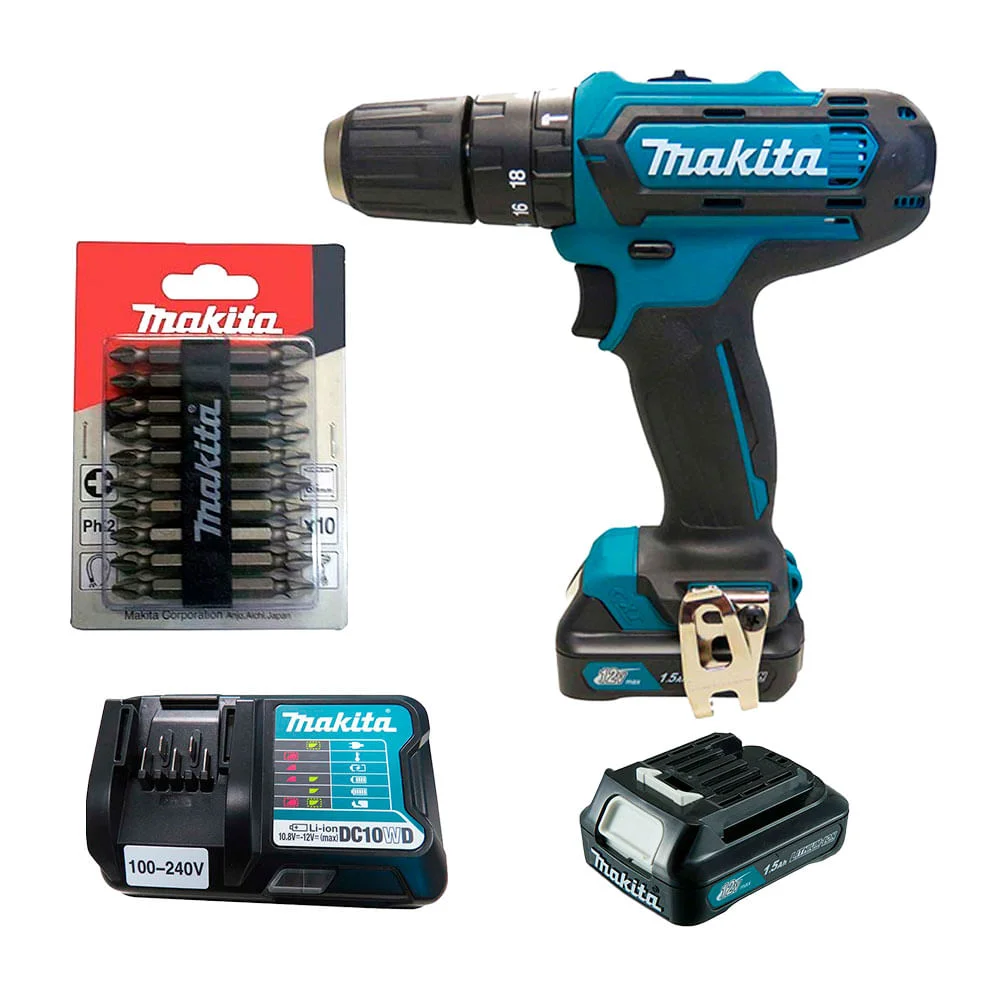 Kit Parafusadeira Furadeira de Impacto HP331DWY Makita e 10 Bits Phillips PH2