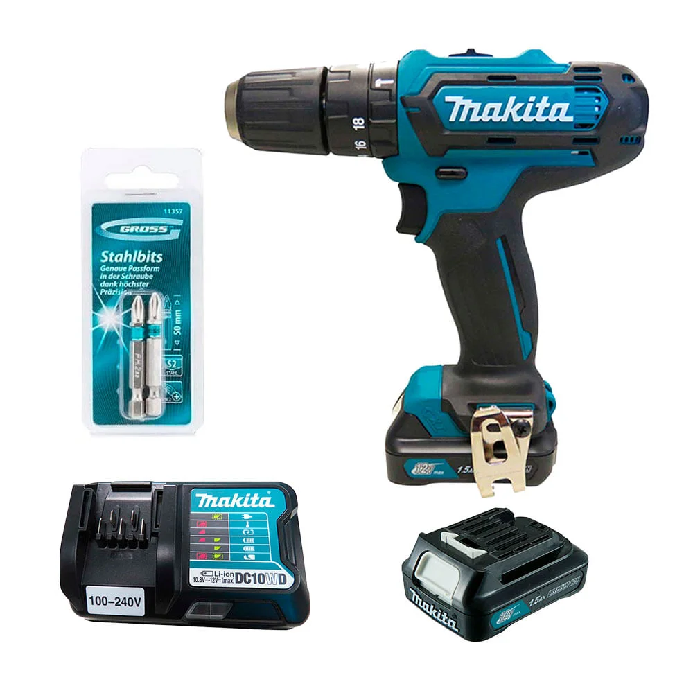 Kit Parafusadeira Furadeira de Impacto HP331DWY Makita e Bits 1/4 Pol Ponteiras