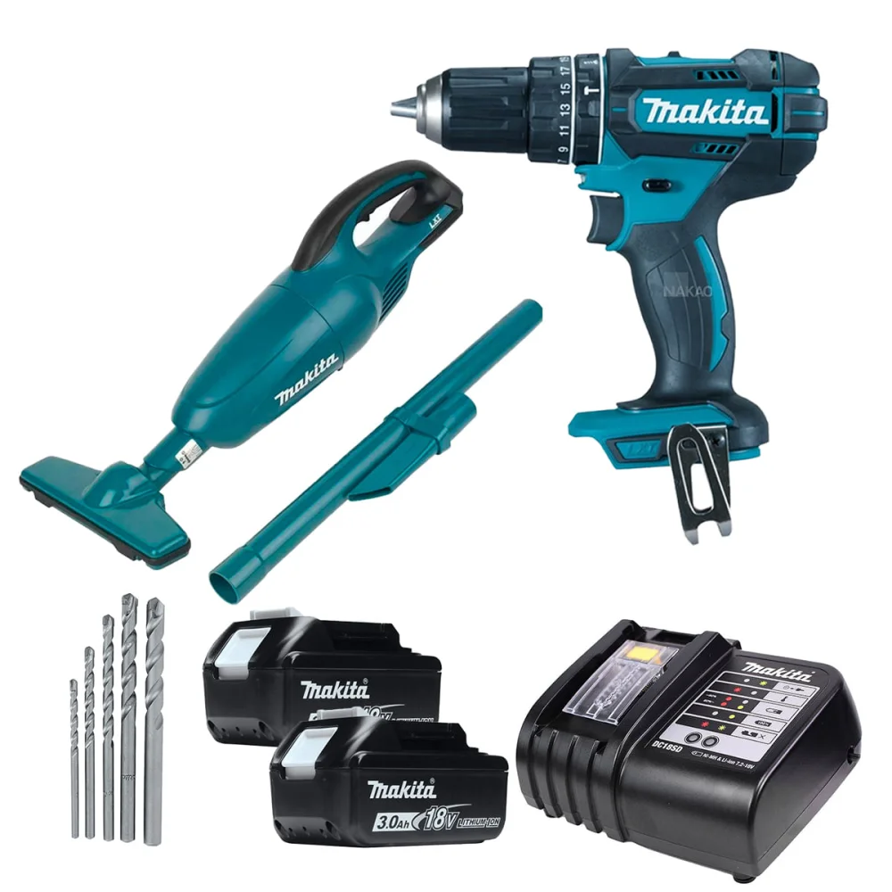 Kit Parafusadeira Furadeira DHP482Z Aspirador de Pó Makita 2Baterias Carregador