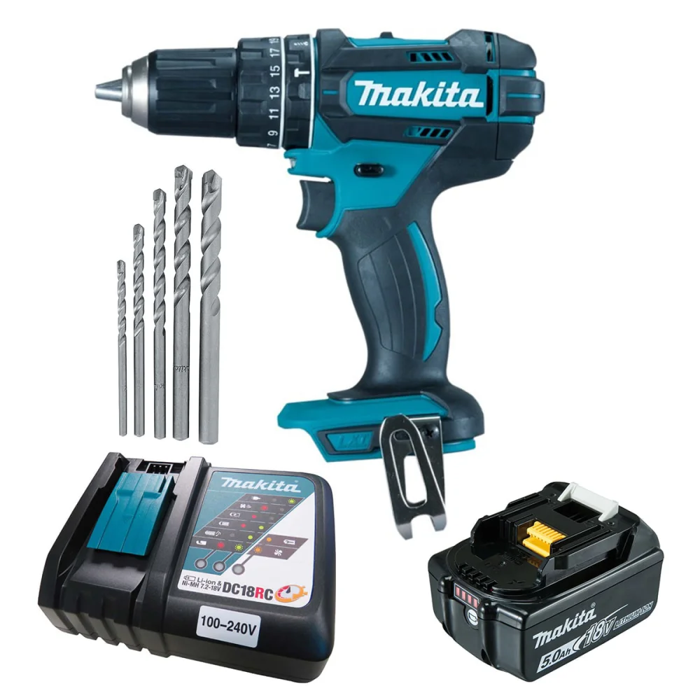 Kit Parafusadeira Furadeira DHP482Z Makita Bateria e Carregador DC18RC e 5Brocas