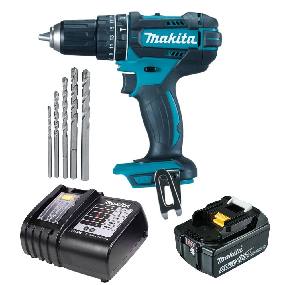 Kit Parafusadeira Furadeira DHP482Z Makita e Bateria 18V e Carregador e 5Brocas