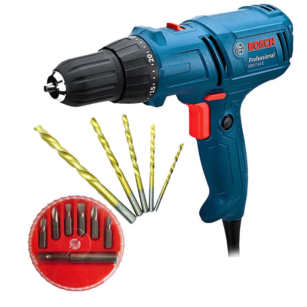 Kit Parafusadeira Furadeira GSR 7-14 Bosch e Jogo de Brocas e Jogo de 7 Bits