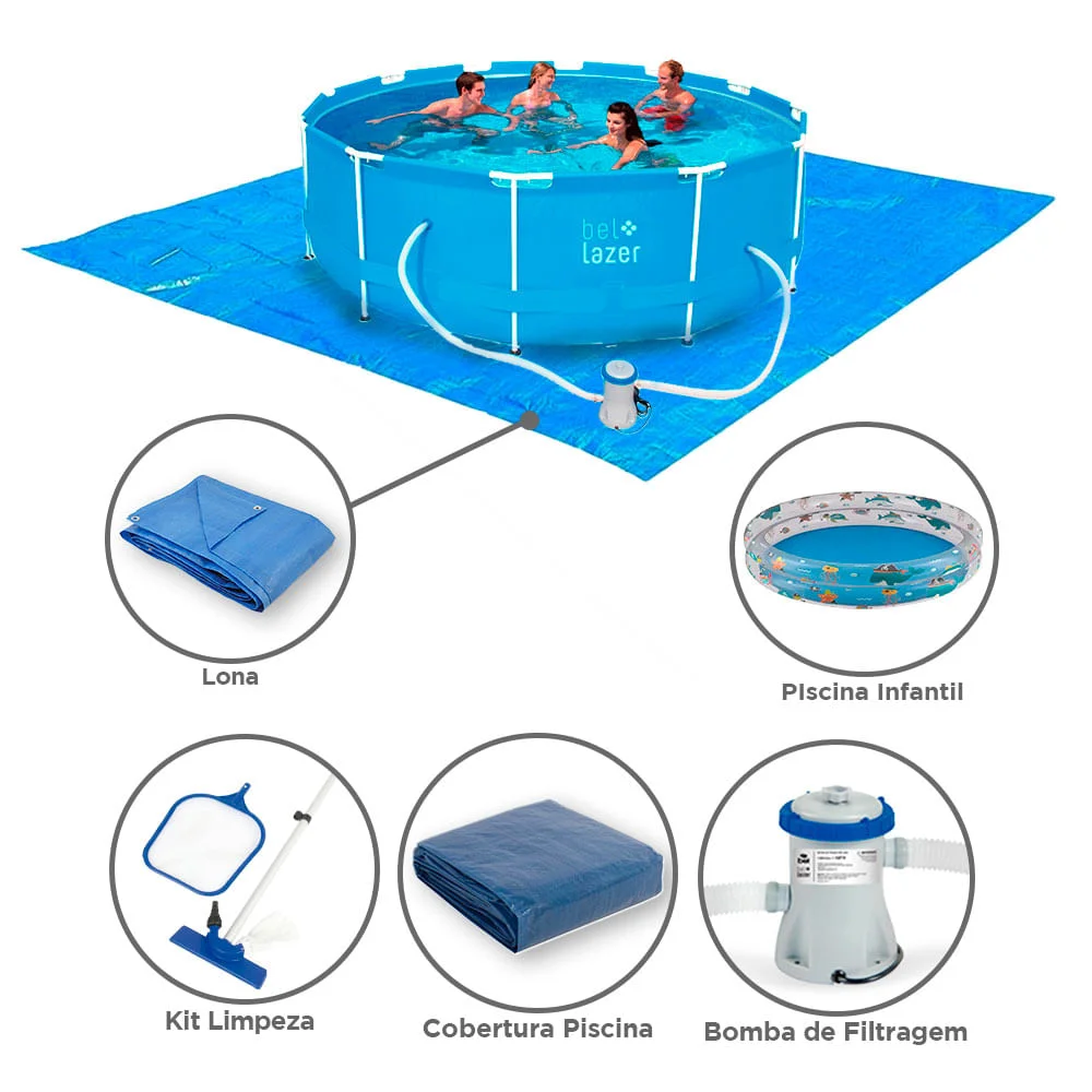 Kit Piscina 10000L e Acessórios e Piscina Inflável 180 Litros e Kit Limpeza