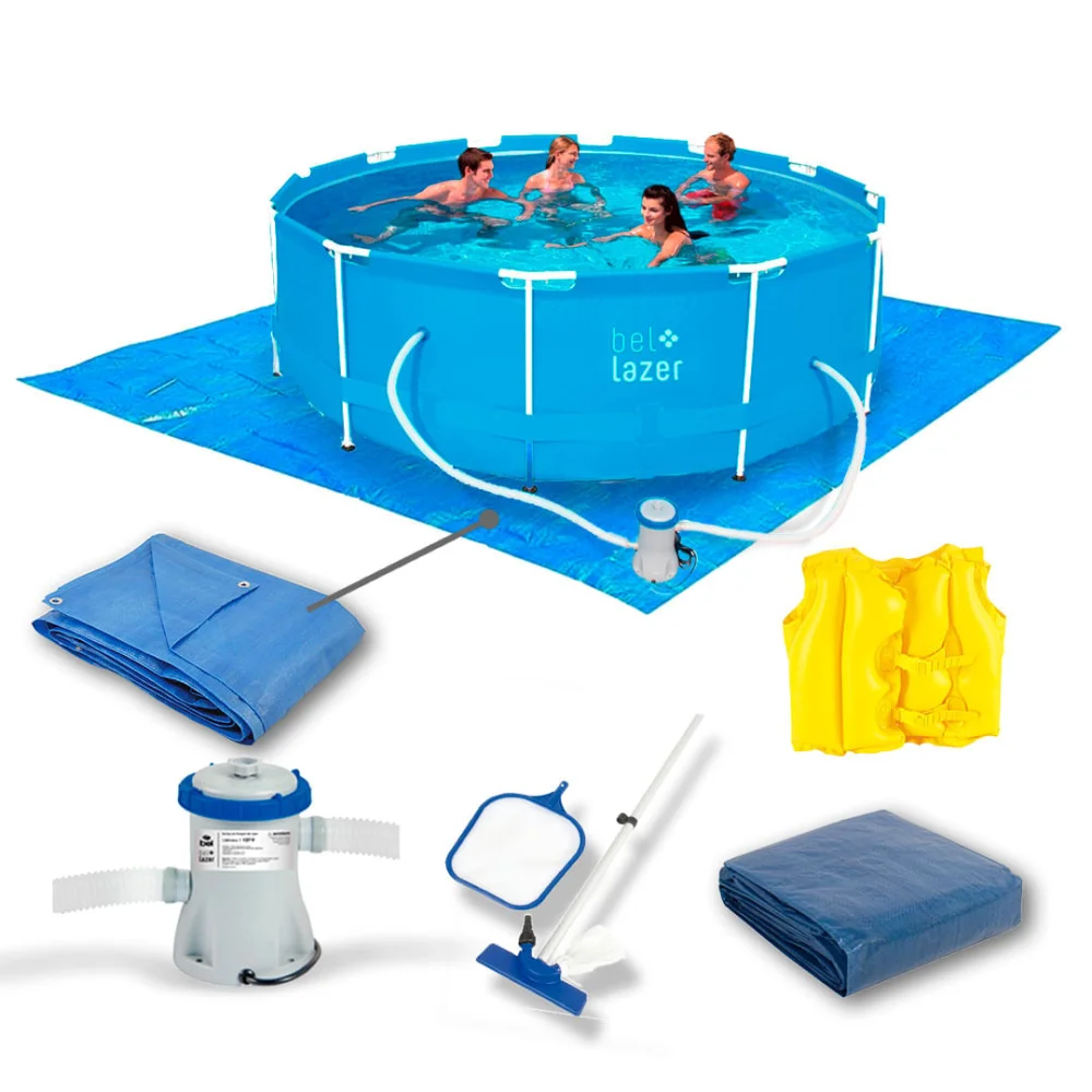 Kit Piscina 10.000L e Filtro e Cobertura e Kit Limpeza e Colete Boia Infantil