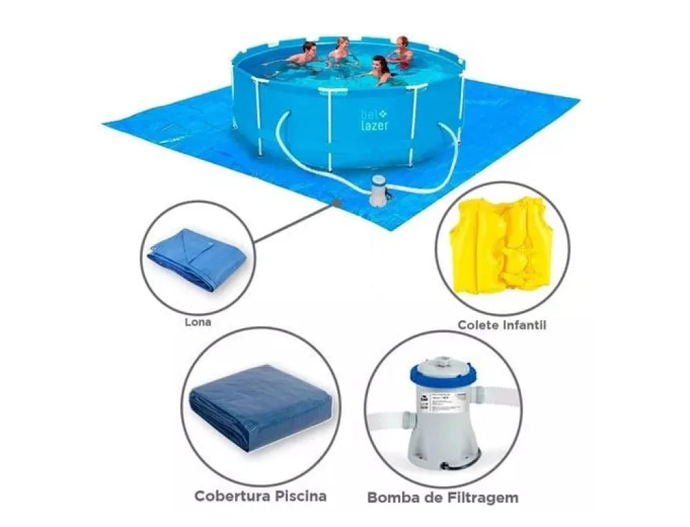 Kit Piscina 10000L e Filtro e Cobertura e Lona Belfix e Colete Inflável 1822
