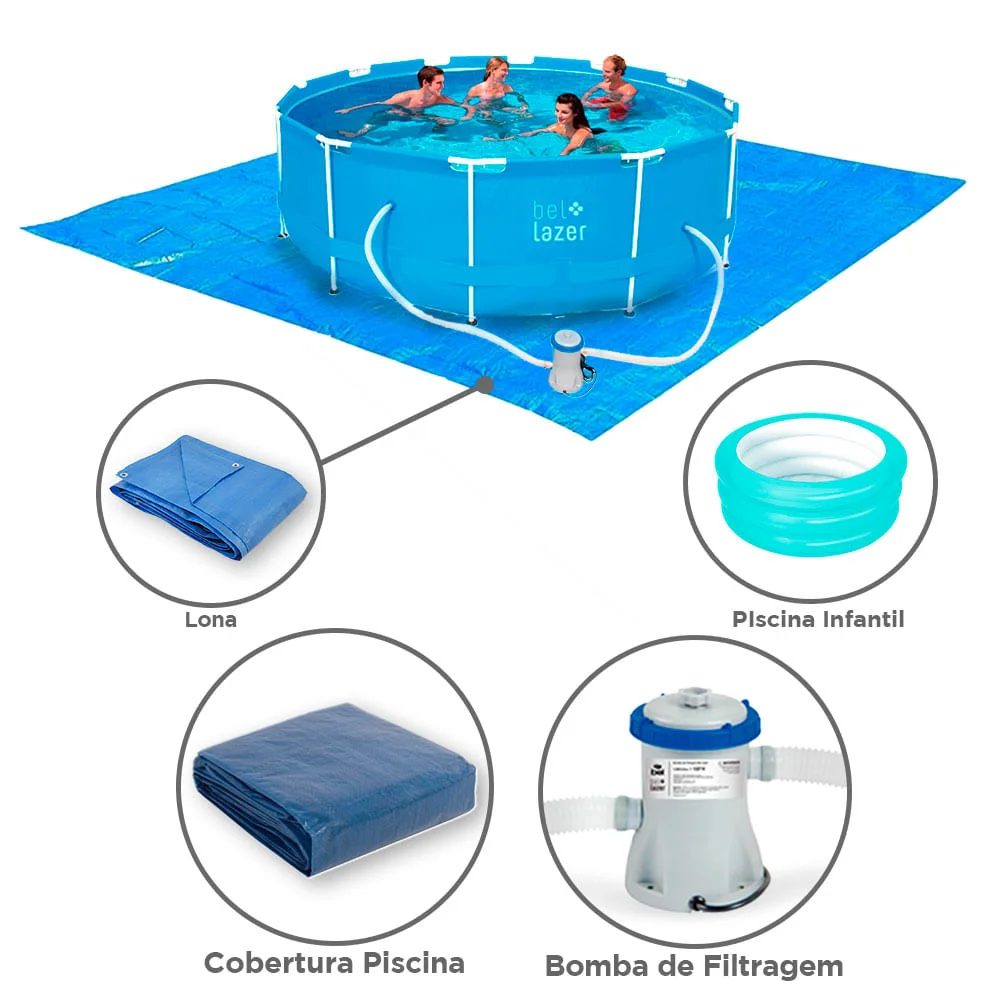 Kit Piscina 10000L e Filtro e Cobertura e Lona Belfix e Piscina Inflável 80L