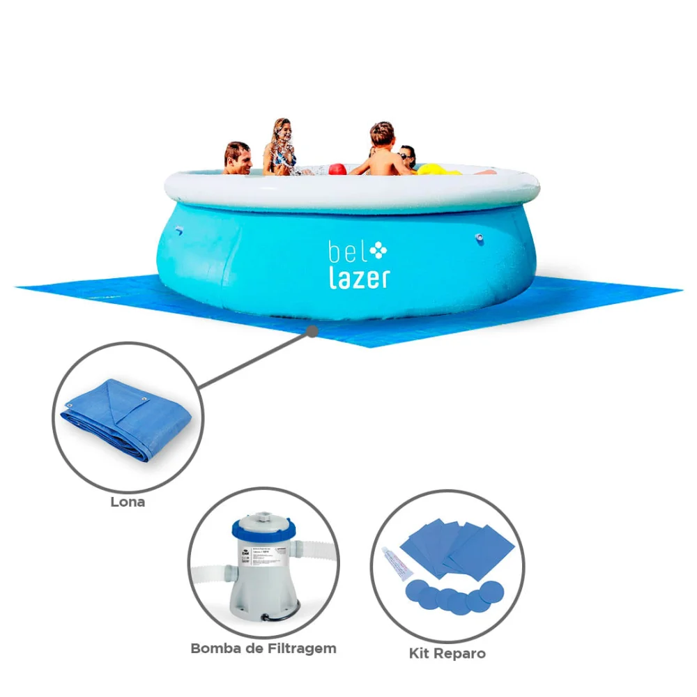 Kit Piscina 3.700 Litros 370000 e Lona e Bomba de Filtragem 1250 Litros/h Belfix