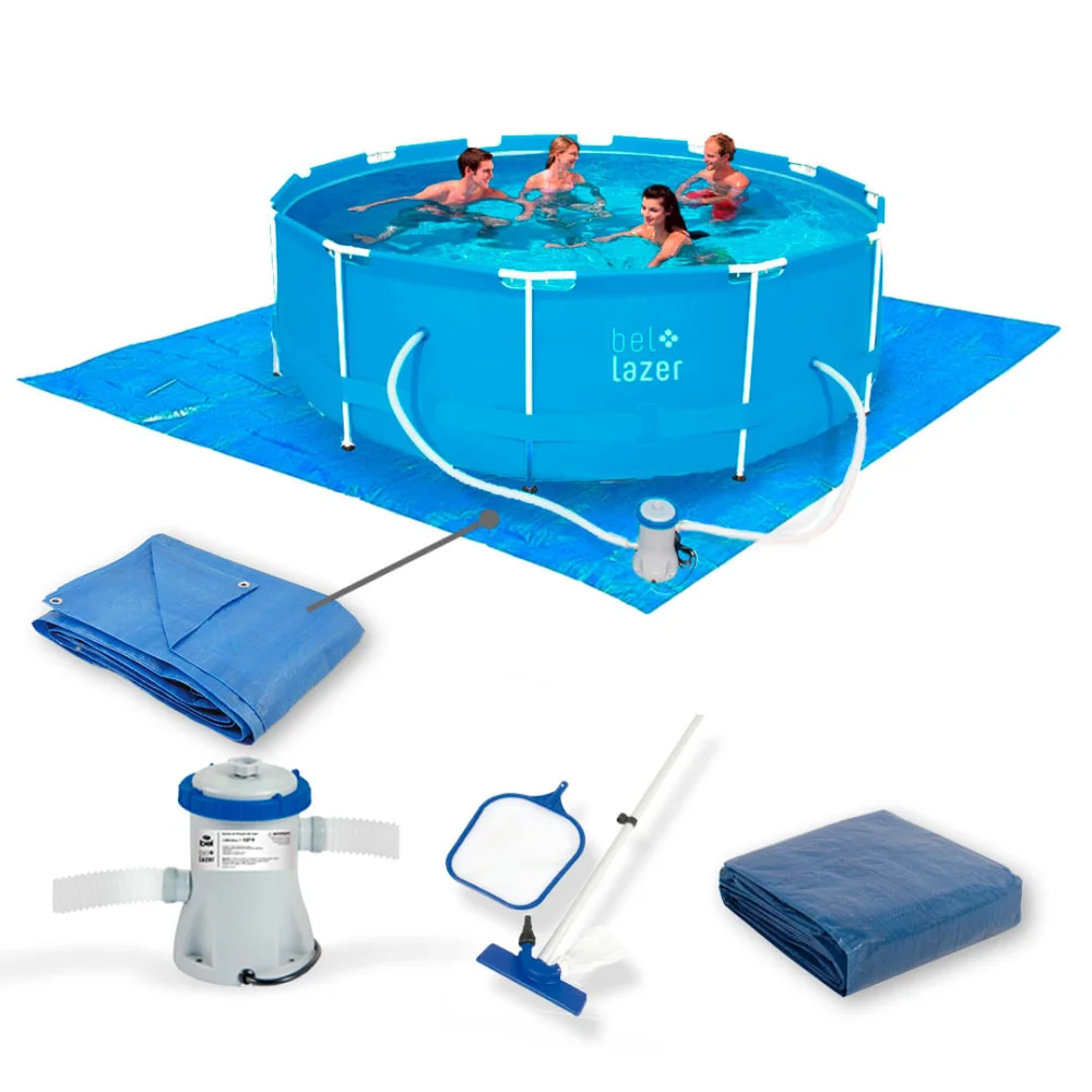Kit Piscina Armação 10000L e Filtro e Cobertura e Lona e Kit Limpeza Belfix