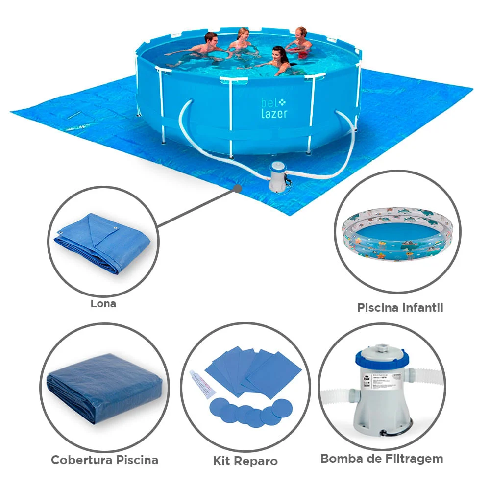 Kit Piscina de Armação 10000 Litro Belfix e Piscina Inflável Mar Azul 180 Litros